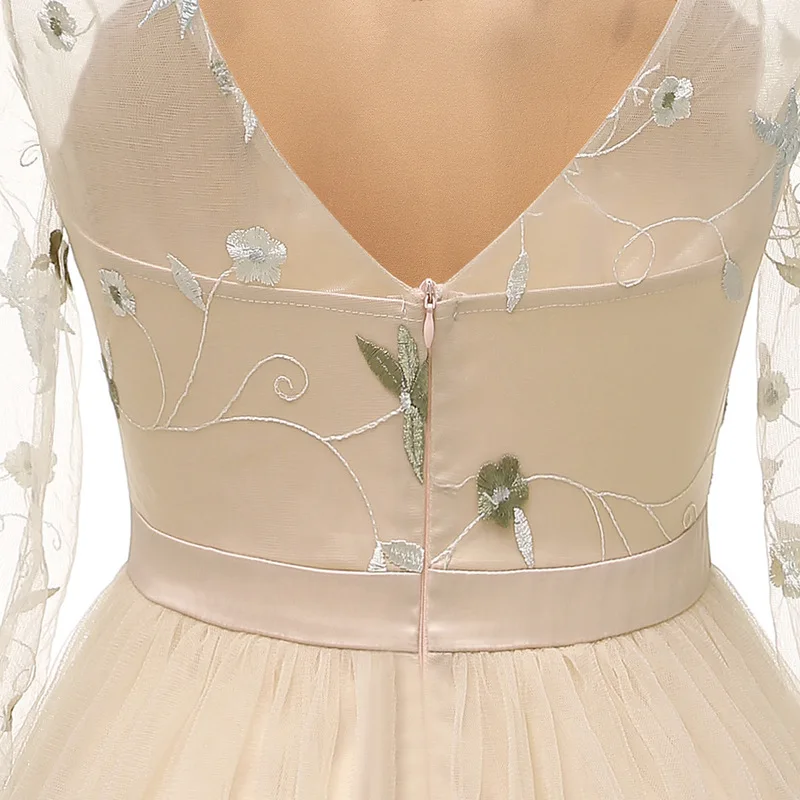 Embroidery Lace Prom Dress A Line V-neck 3/4-Length Sleeve Flare Tea-Length Tulle Cocktail Party | Свадьбы и торжества
