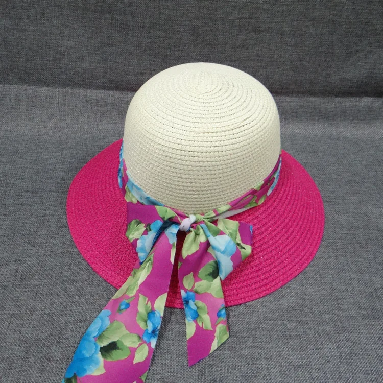 

New Hat Female Summer Sunshade Beach Basin Caps Two-color Flowers Grass Knitted Fisherman's Hats Women Bowknot Visor Cap H002