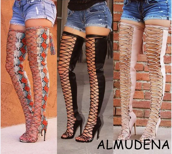 Fringer Cross Tied Lace Up Over-the-knee Boots Snakeskin Python Solid Peep Toe high Heel Sandal Boots
Fringer Cross Tied Lace Up Over-the-knee Boots Snakeskin Python Solid Peep Toe high Heel Sandal Boots