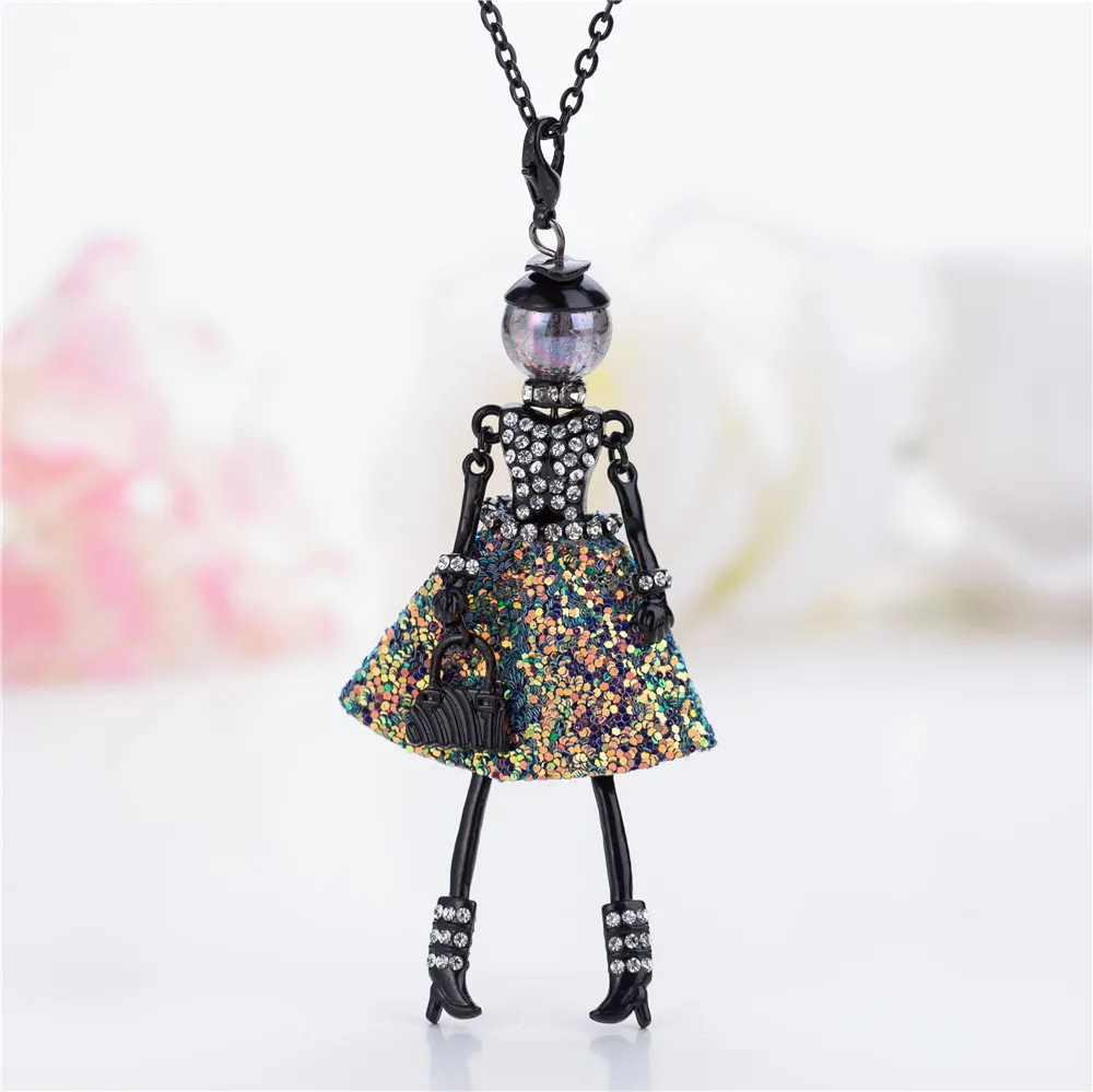 Lovely Girls Statement Crystal Doll Necklaces princess Dress Black Long Chain Pendants With Bag Women Accessories Necklace | Украшения и