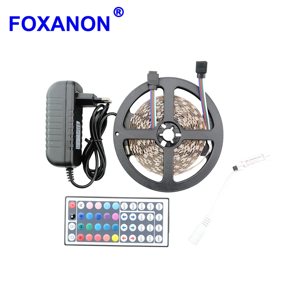 

Светодиодная лента Foxaon DC 12 В, 5 м, SMD 5050, 2835 светодиодов, декоративные RGB-лампы, гибкая лампа + ИК-пульт дистанционного управления на 44 кнопки + 3 ...
