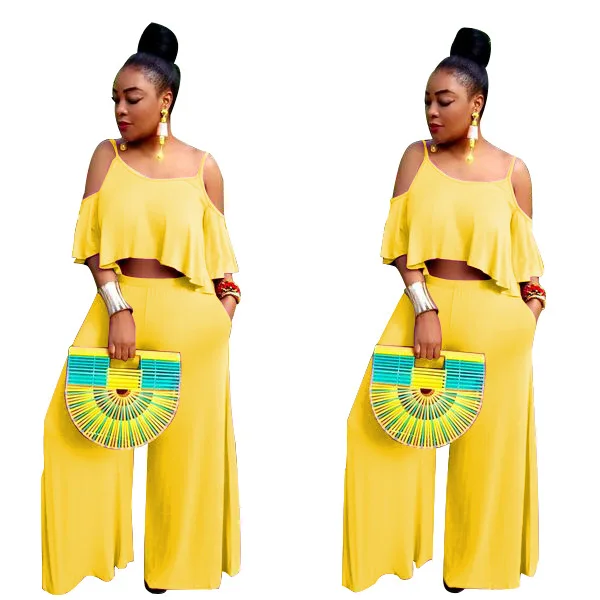 Sexy Strap Off Shoulder Ruffles Solid O-Neck Crop Top With Pants Loose Women Tow Piece Suits Women Sets
Sexy Strap Off Shoulder Ruffles Solid O-Neck Crop Top With Pants Loose Women Tow Piece Suits Women Sets