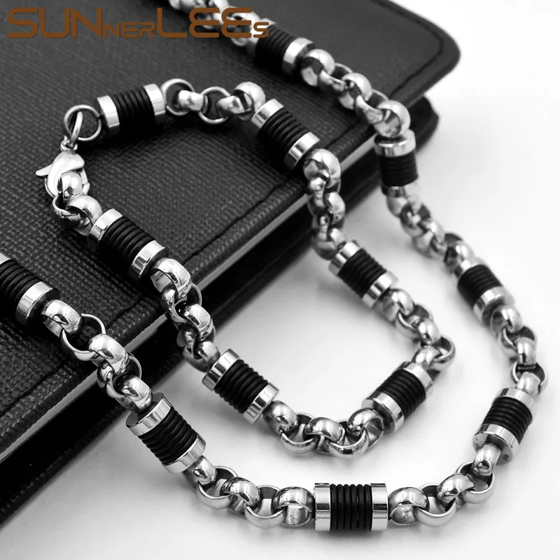 SUNNERLEES Stainless Steel Necklace Bracelet Set 7mm Geometric Link Chain Silver Color Black Silicone Men Women Gift SC172 S
SUNNERLEES Stainless Steel Necklace Bracelet Set 7mm Geometric Link Chain Silver Color Black Silicone Men Women Gift SC172 S