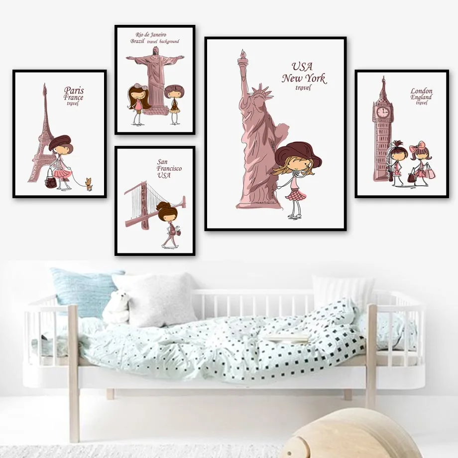 Cartoon Paris tower Big Ben Girl Travel Wall Art Canvas Painting Nordic Posters And Prints Wall Pictures Baby Kids Room Decor
Cartoon Paris tower Big Ben Girl Travel Wall Art Canvas Painting Nordic Posters And Prints Wall Pictures Baby Kids Room Decor