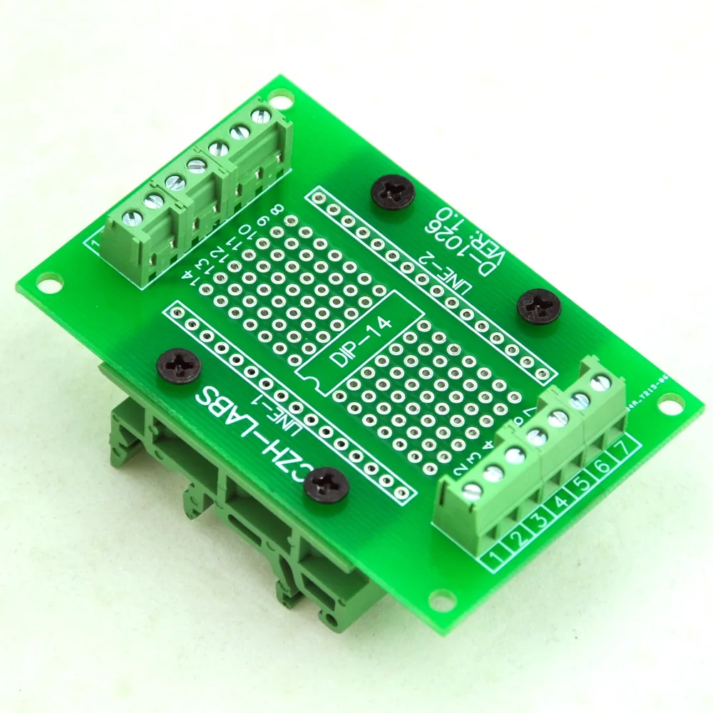 DIP-14 Component to Screw Terminal Adapter PCB, w/Simple DIN Rail Mount Bracket.
DIP-14 Component to Screw Terminal Adapter PCB, w/Simple DIN Rail Mount Bracket.