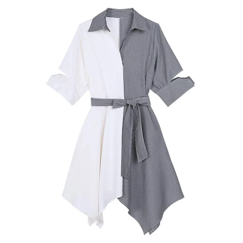 PERHAPS U Korean Asymmetrical Patchwork Sash 3/4 Sleeve Strip Sash Turn Down Collar Shirt Dress Summer Elegant Office Lady D0329
PERHAPS U Korean Asymmetrical Patchwork Sash 3/4 Sleeve Strip Sash Turn Down Collar Shirt Dress Summer Elegant Office Lady D0329