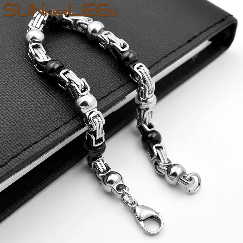 SUNNERLEES Fashion Jewelry Stainless Steel Bracelet 7mm Black Silver Color Geometric Byzantine Link Chain For Men Women SC89 B | Украшения