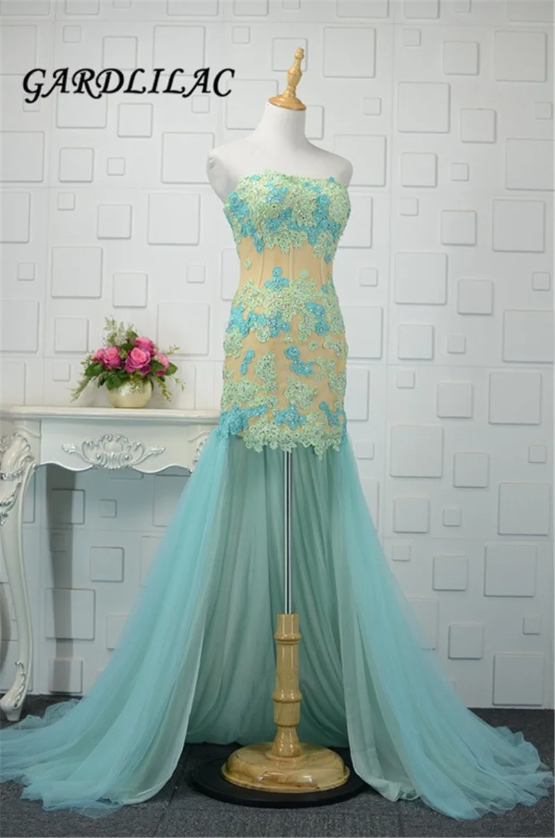 New Real Pictures Long Prom Dress Hi Lo Homecoming Dress Strapless Tulle Lace Appliques Evening Gown Vestidos de noiva 2018
New Real Pictures Long Prom Dress Hi Lo Homecoming Dress Strapless Tulle Lace Appliques Evening Gown Vestidos de noiva 2018