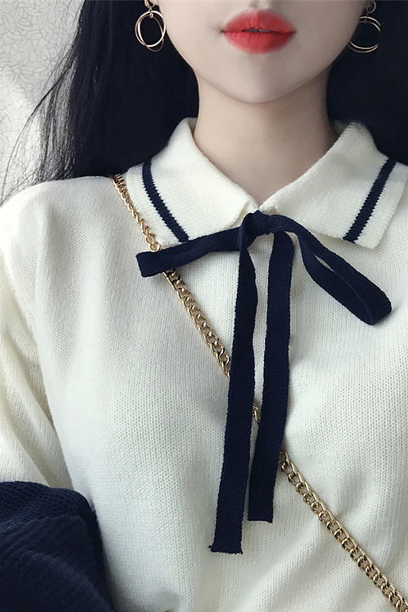 Korean Chic Vintage Small Fresh Knitted Sweater Women's Autumn Winter Turn-down Collar Bow Tie Loose Pullovers Female Basic Top
Korean Chic Vintage Small Fresh Knitted Sweater Women's Autumn Winter Turn-down Collar Bow Tie Loose Pullovers Female Basic Top