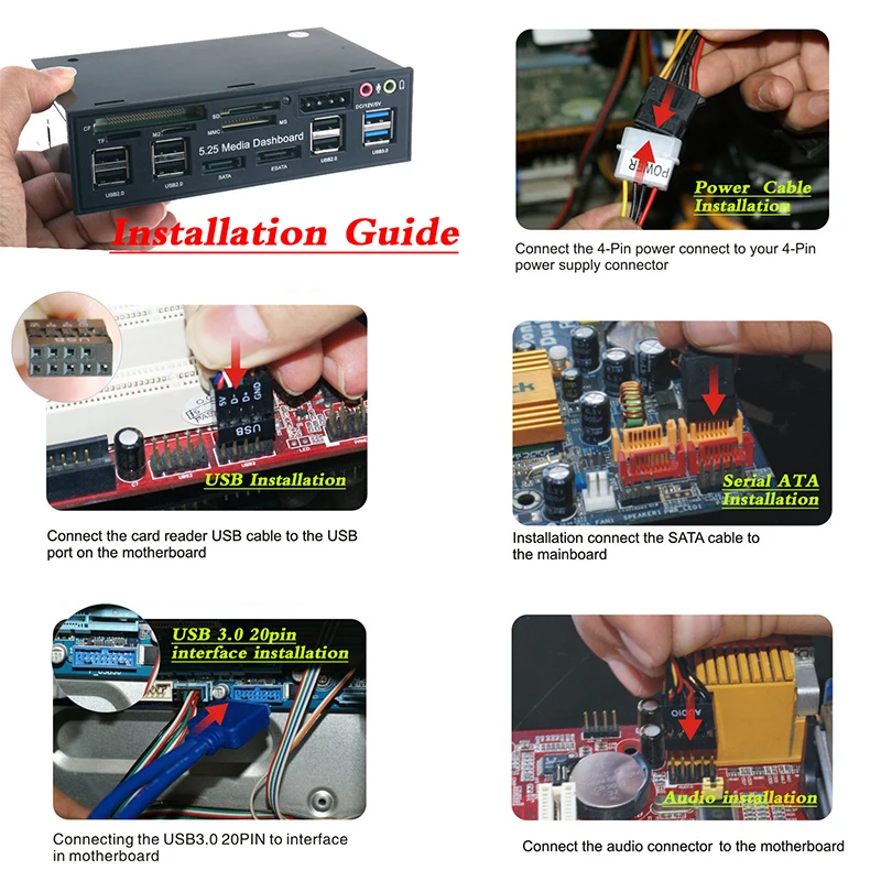 Multi-funtion 5.25 inch Media Dashboard Card Reader USB 2.0/3.0 20 pin e-SATA SATA Front Panel For PC Desktop
Multi-funtion 5.25 inch Media Dashboard Card Reader USB 2.0/3.0 20 pin e-SATA SATA Front Panel For PC Desktop