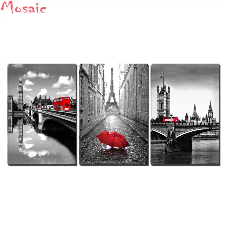 

diy 5d diamond painting cross stitch 3 Pcs Black and White Paris Tower with Red Umbrella London's Big Ben Clock with Red Bus