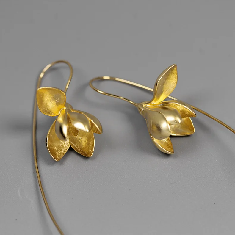 Amxiu золото цвет цветок лилии серьги 925 пробы 100% Серебряные длинные висячие для