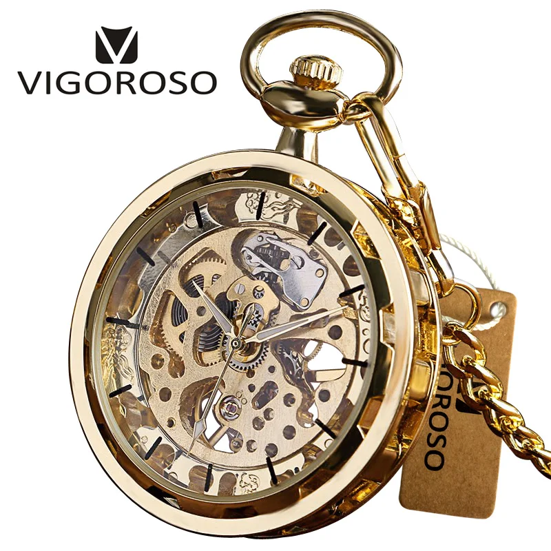 Золотистые стальные прозрачные карманные механические часы скелетоны в стиле