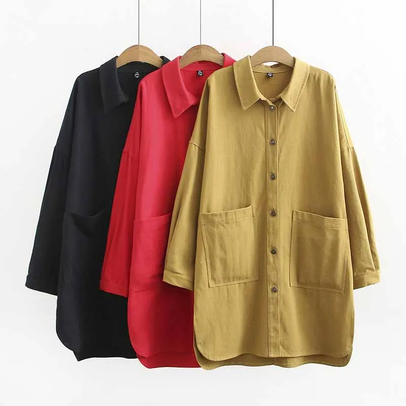 2019 Spring Cotton Shirt Top Women Plus size XL-4XL Long sleeve Big pocket Single-breasted Blouses Female Casual Shirts G343
2019 Spring Cotton Shirt Top Women Plus size XL-4XL Long sleeve Big pocket Single-breasted Blouses Female Casual Shirts G343