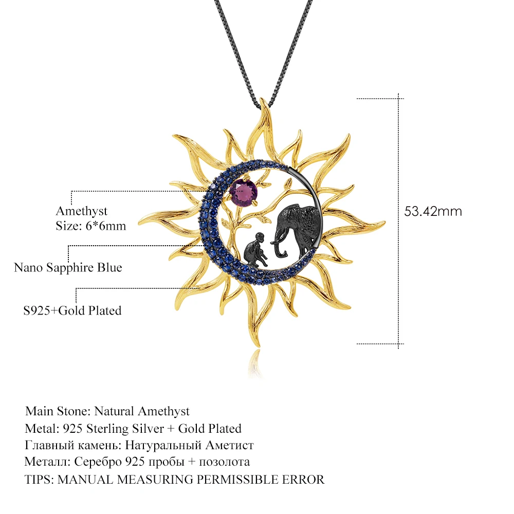 GEM'S BALLET Natural Amethyst Gemstone Sun Moon Jewelry 925 Sterling Silver Handmade Elephant Monkey Pendant Necklace For Women
GEM'S BALLET Natural Amethyst Gemstone Sun Moon Jewelry 925 Sterling Silver Handmade Elephant Monkey Pendant Necklace For Women