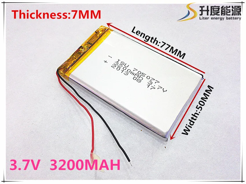 li-po Polymer battery 3200mah 3.7V 705077 smart home MP3 speakers Li-ion battery for dvr,GPS,mp3,mp4,cell phone,speaker
li-po Polymer battery 3200mah 3.7V 705077 smart home MP3 speakers Li-ion battery for dvr,GPS,mp3,mp4,cell phone,speaker