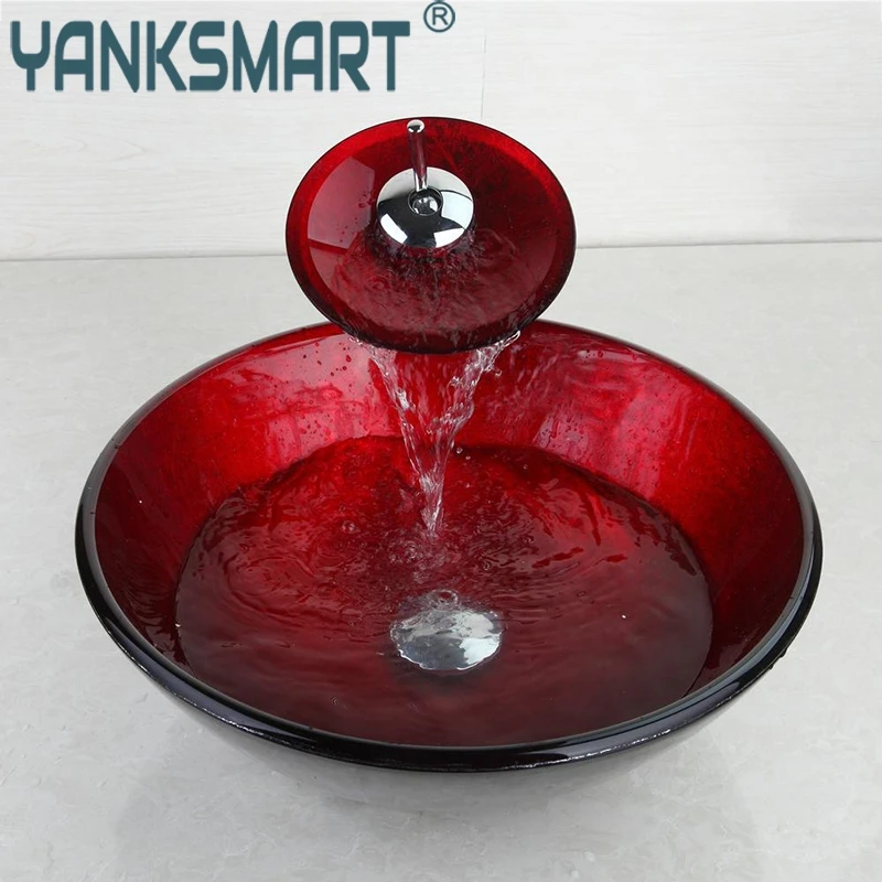 

YANKSMART Hand Painting Finish Basin Sink Artistic Style Vessel Vanity With Brass Waterfall Faucet Basin Mixer Tap Combo Kit