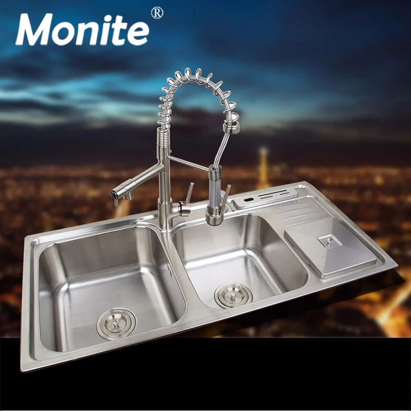 

Monite Stainless Steel Kitchen Sink Vessel Set Faucet Double Sinks Kitchen Sink Undermount Kitchen Washing Vanity 920mmx450mm