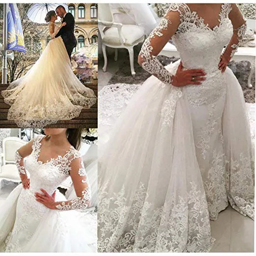 BRITNRY Beautiful V Neck Long Sleeve Lace Appliques Mermaid Plus Size Wedding Dress with Detachable Skirt
BRITNRY Beautiful V Neck Long Sleeve Lace Appliques Mermaid Plus Size Wedding Dress with Detachable Skirt