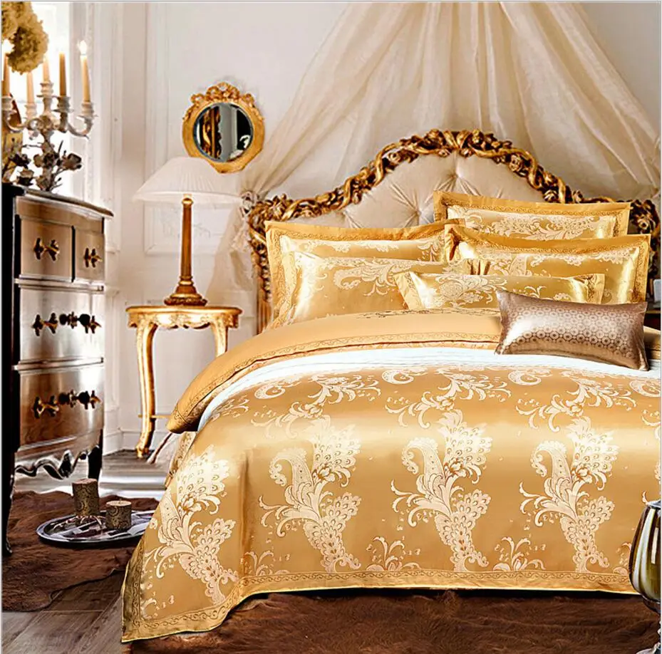 

Золотой вышивкой Постельное белье King Queen Размер 4 шт. Свадебный комплект постельного белья, Жакард, сатин, постельный комплект белья наволочки для подушек