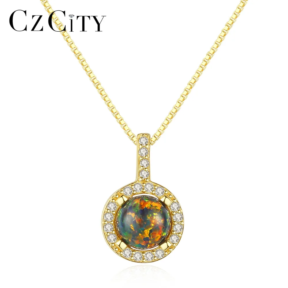 

CZCITY Sterling Silver 925 Round Opal Pendant Necklace for Women Charming Silver Chain Pendant Sparkling Necklaces Jewelry Gifts