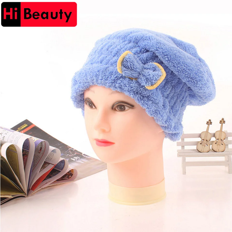

High Quality Quick Hair Drying Cap Hat Microfiber Coral Fleece Ultra Absorbent Hair Towel Dry Wrap Bow-Knot Embellished Cap