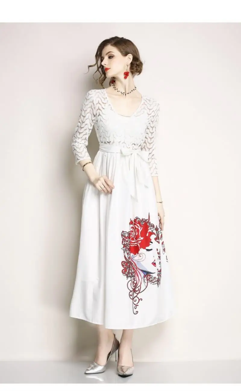 White Lady Face Print Lace Belt Dress 2018 Women New Fashion Autumn Casual V-Neck Three Quarter Sleeve Long A-Line Party Dresses
White Lady Face Print Lace Belt Dress 2018 Women New Fashion Autumn Casual V-Neck Three Quarter Sleeve Long A-Line Party Dresses