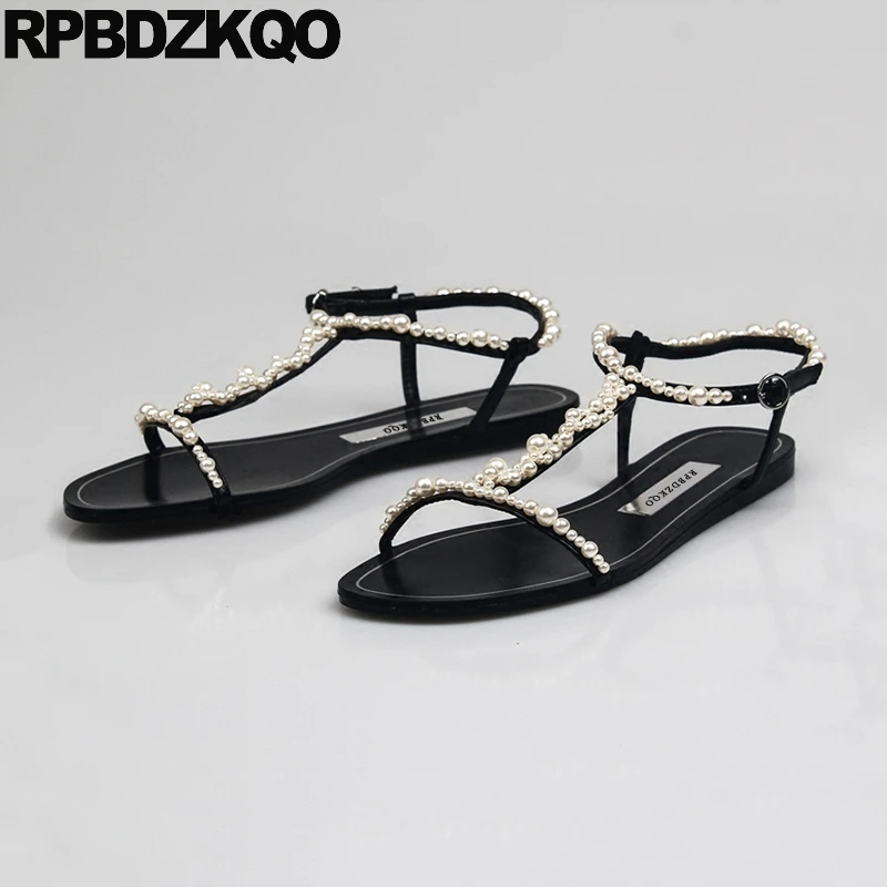 плоские Slingback черный жемчужный день отдыха украшенные бусы открытый носок T