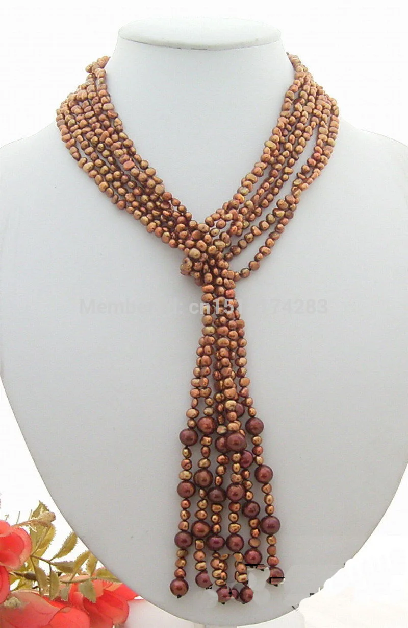 FREE SHIPPING>>>Charming! 46" 3Strds 8mm Brown Pearl Necklace