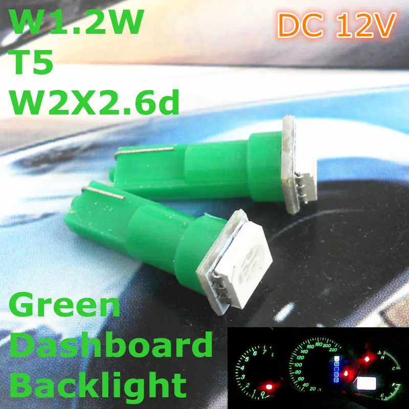 12V LED Зеленый цвет автомобильная лампа T5 (1*5050 SMD лампа) для W1.2W W2.3W W2X2.6d приборной