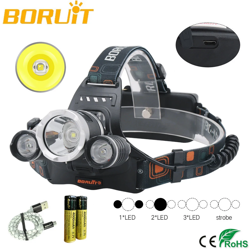 Boruit 5000лм 3x XML T6 светодиодный налобный фонарь Фонарь USB лампа + 2X 18650 зарядное