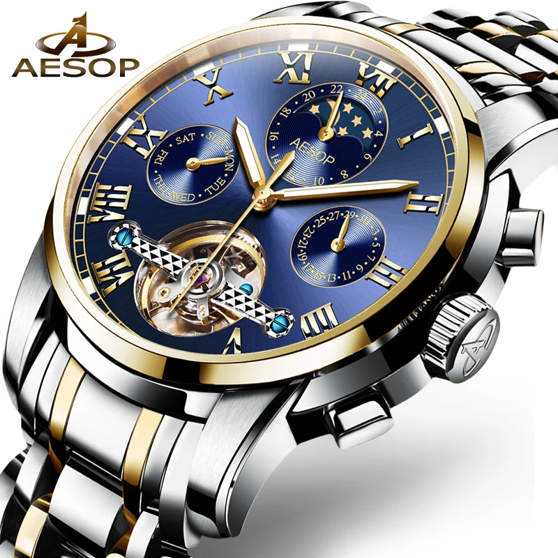 AESOP Business Mechanical Watches Mens Skeleton Tourbillon Automatic Watch Men Gold Steel Calendar Waterproof Relojes Hombre
AESOP Business Mechanical Watches Mens Skeleton Tourbillon Automatic Watch Men Gold Steel Calendar Waterproof Relojes Hombre