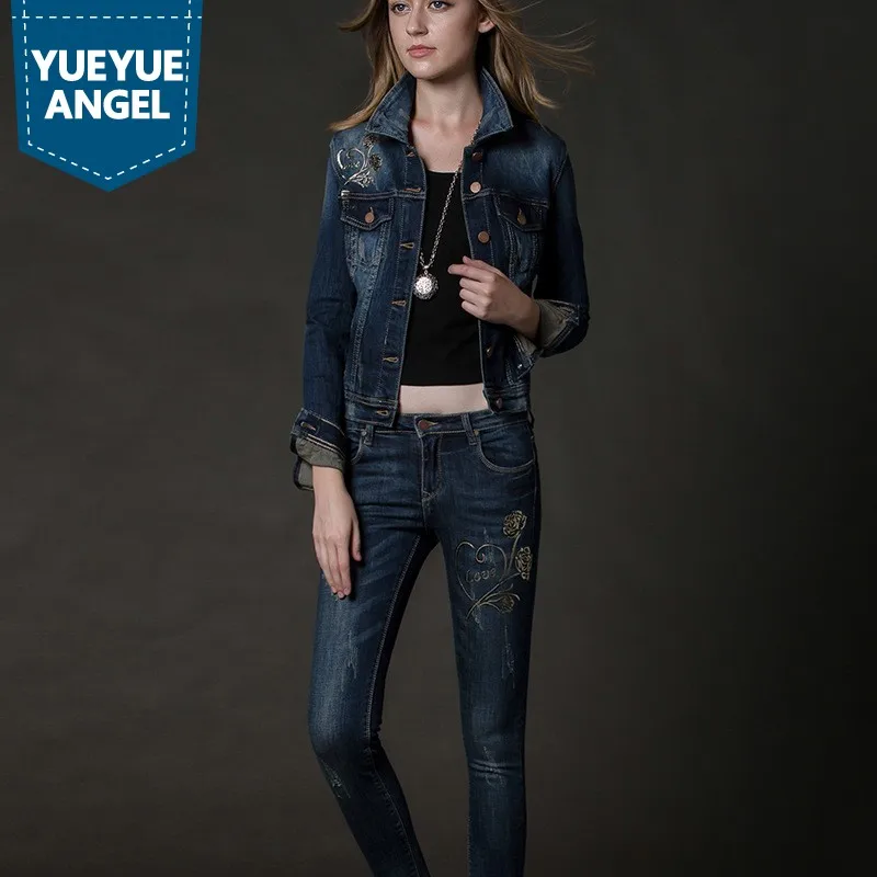 Women Casual Denim Suit Korean Fashion Slim Print Floral Denim Trousers Single Breasted Ripped Jeans Jackets Women Two Piece Set
Women Casual Denim Suit Korean Fashion Slim Print Floral Denim Trousers Single Breasted Ripped Jeans Jackets Women Two Piece Set