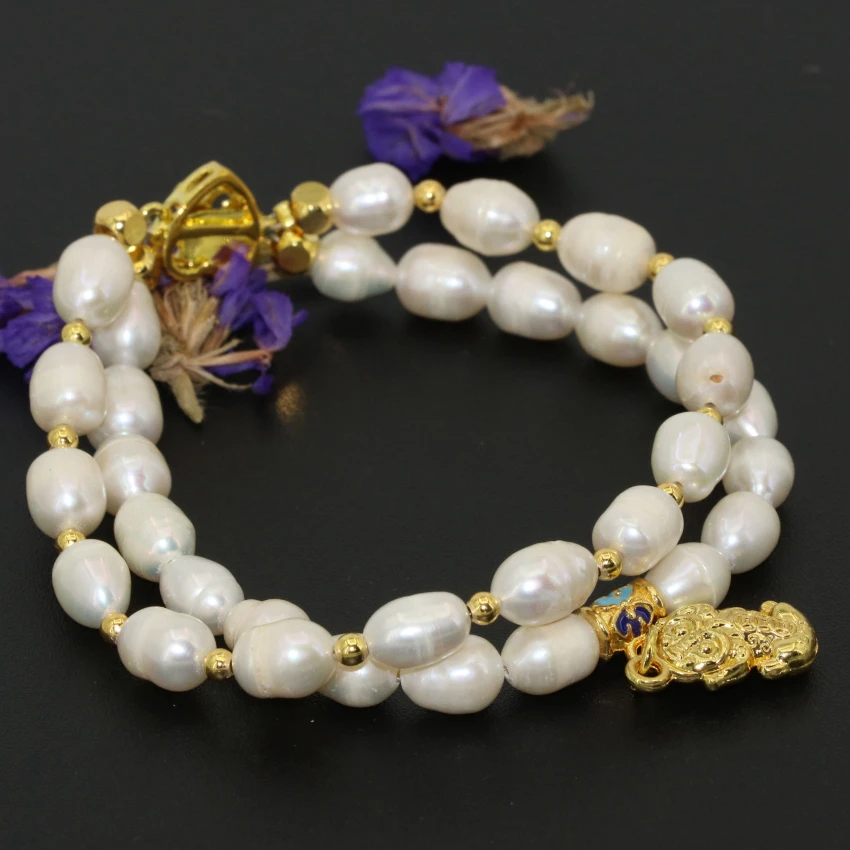Wholesale price 7-8mm white natural freshwater cultured barrel rice pearl two rows clasp bracelets jewelry 8inch B2759 | Украшения и