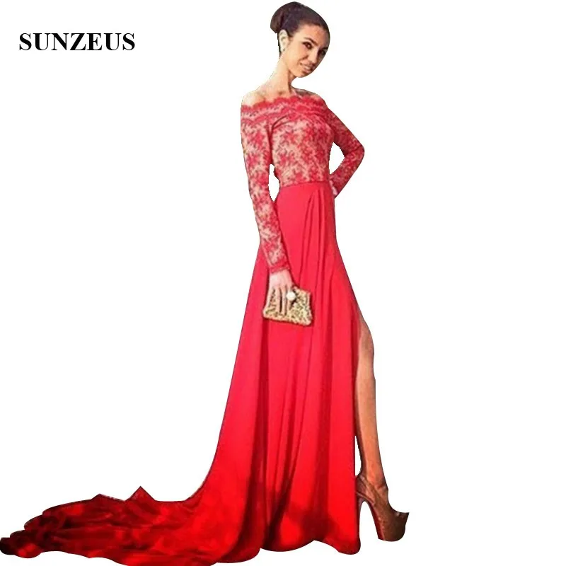 Long Sleeves Lace Prom Dresses Sweep Train Red Chiffon Party Gowns With Side Slit A-line Boat Neck Off Shoulder Formal Dress
Long Sleeves Lace Prom Dresses Sweep Train Red Chiffon Party Gowns With Side Slit A-line Boat Neck Off Shoulder Formal Dress