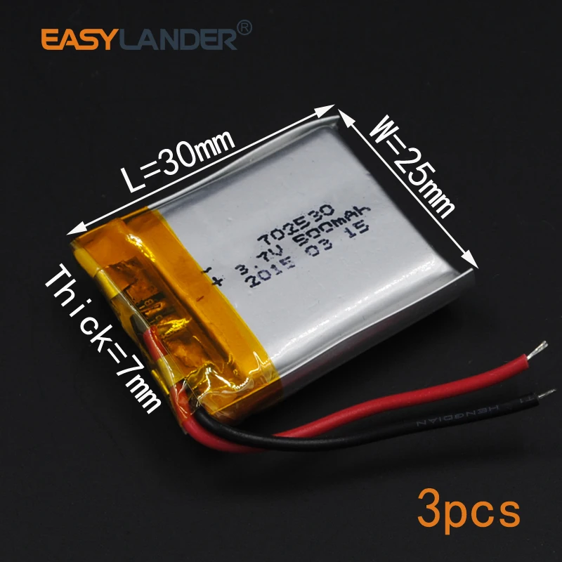 3pcs/Lot 3.7V 500mAh 702530 Rechargeable li Polymer Li-ion Battery For bluetooth headset speaker Bracelet Wrist Watch 072530
3pcs/Lot 3.7V 500mAh 702530 Rechargeable li Polymer Li-ion Battery For bluetooth headset speaker Bracelet Wrist Watch 072530