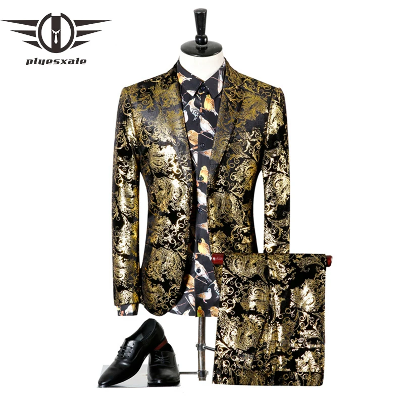Plyesxale мужские свадебные костюмы 2018 Роскошная брендовая черная Золотая куртка для