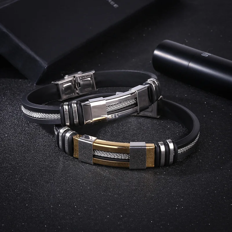 New Design Punk Style Silicone Black Bracelet Stainless Steel Chain WristBand Bracelet Simple Rubber Charm Pulsera
New Design Punk Style Silicone Black Bracelet Stainless Steel Chain WristBand Bracelet Simple Rubber Charm Pulsera