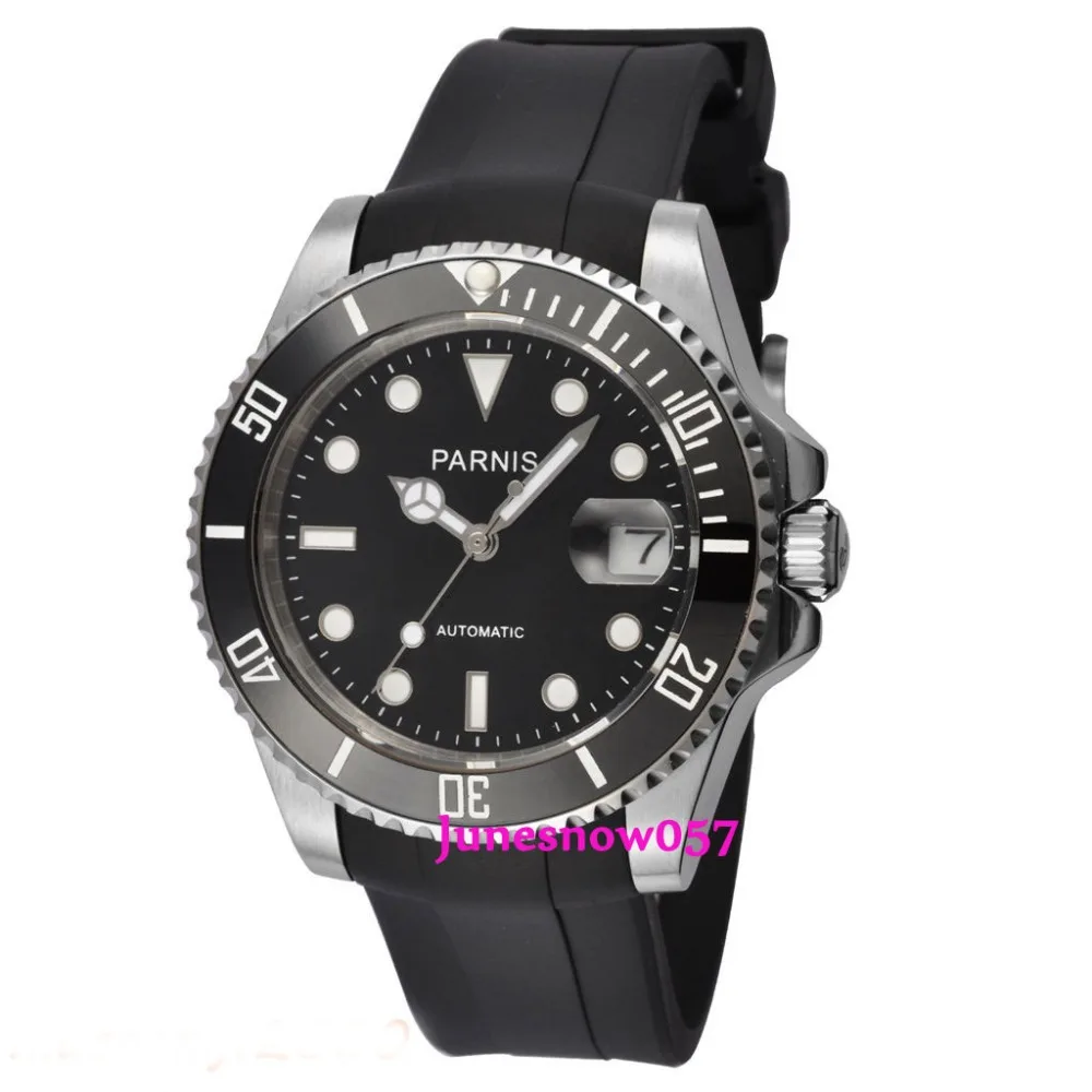 

Parnis 40mm 21 jewels Miyota 8215 automatic men's watch sapphire glass black dial luminous ceramic bezel waterprrubber strap 463