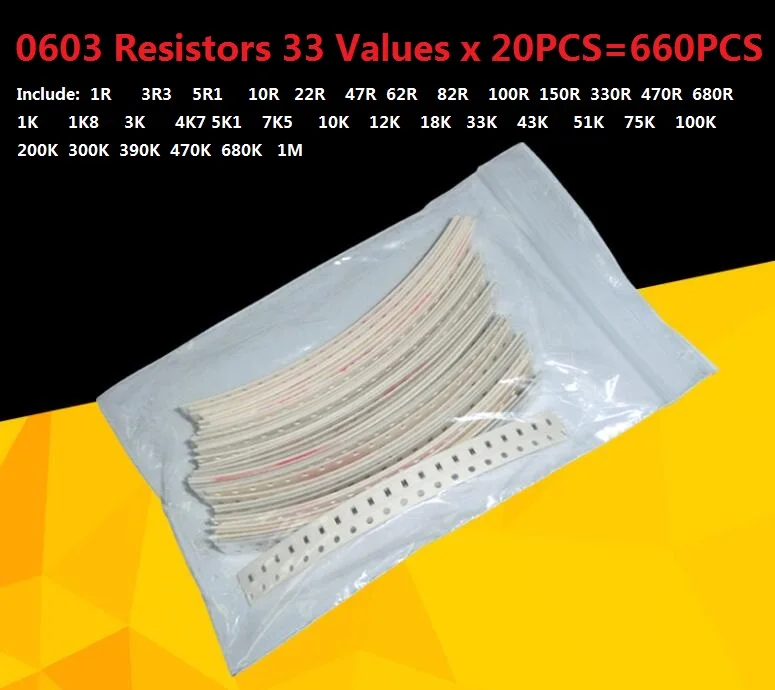 33valuesX 20pcs=660pcs 0603 Resistor Kit Assorted 1R To 1M Ohm 5% SMD Sample Kit DIY 3.3R 5.1R 10R 22R 47R 62R 82R 100R 1K 10K
33valuesX 20pcs=660pcs 0603 Resistor Kit Assorted 1R To 1M Ohm 5% SMD Sample Kit DIY 3.3R 5.1R 10R 22R 47R 62R 82R 100R 1K 10K