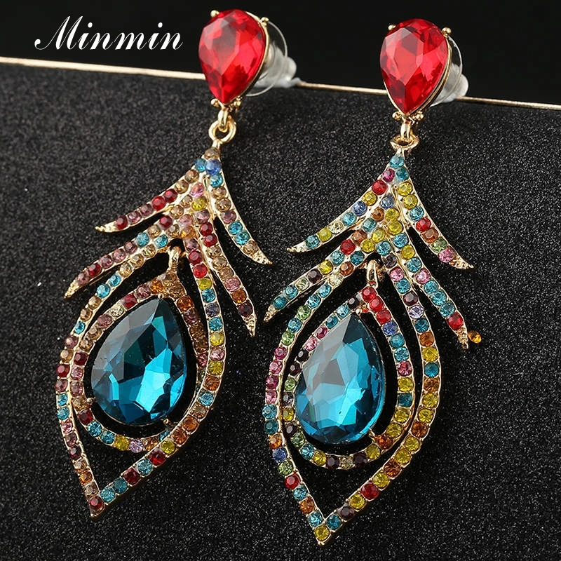 Minmin Роскошные красочные серьги-капли с перьями и кристаллами для женщин