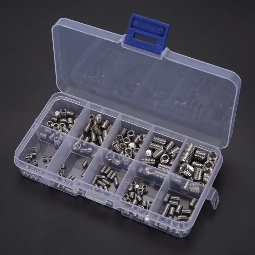 200pcs/set Durable Stainless Steel Hex Socket Set Screw Grub Screws Assortment Kit M3-M8 Screws Headless Kit
200pcs/set Durable Stainless Steel Hex Socket Set Screw Grub Screws Assortment Kit M3-M8 Screws Headless Kit