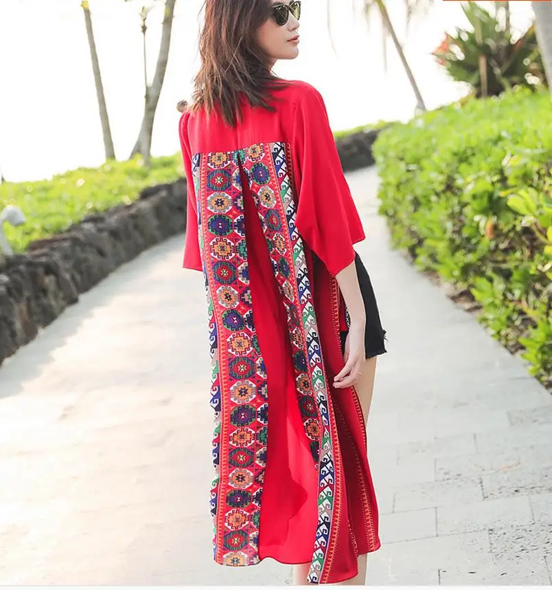 2019 Summer 3/4 Sleeve Geometric Print Red chiffon Kimonos Women national Long chiffon Sunscreen Tops Lady Bohe Beach Kimonos
2019 Summer 3/4 Sleeve Geometric Print Red chiffon Kimonos Women national Long chiffon Sunscreen Tops Lady Bohe Beach Kimonos