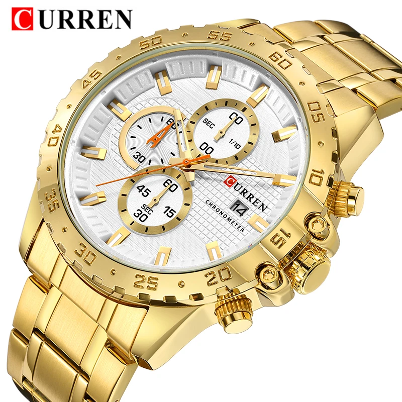 

CURREN Golden Male Wrist Watches Business 3 Sub Dials Chronograph Date Function Man's Quartz Watch Steel Strap Relogio Masculino