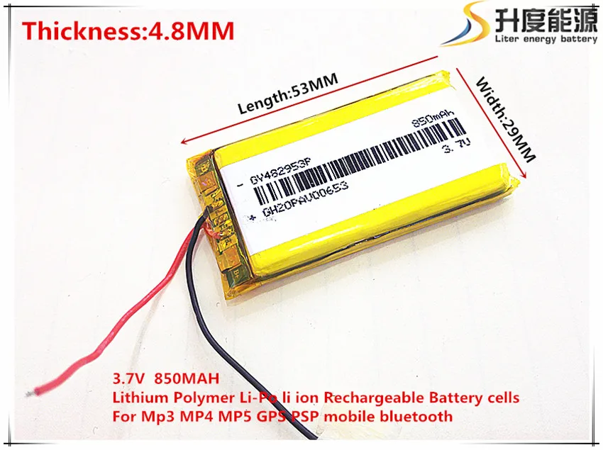 3.7V,850mAH 482953 PLIB; polymer lithium ion / Li-ion battery for dvr,GPS,mp3,mp4,cell phone,speaker
3.7V,850mAH 482953 PLIB; polymer lithium ion / Li-ion battery for dvr,GPS,mp3,mp4,cell phone,speaker