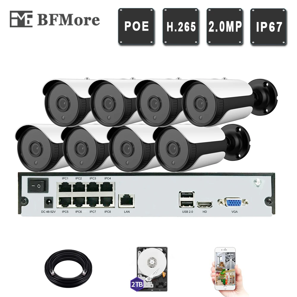 BFMore 8ch 1080 P POE Комплект H.265 + Системы видеонаблюдения NVR 2.0MP IP Камера комплект
