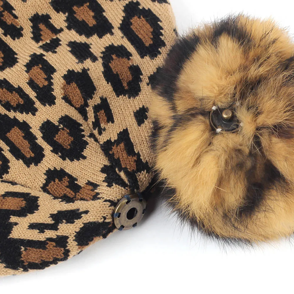 

Geebro Women's Leopard Beanie Hat with Raccoon Fur Pompom Winter Warm Knitted Slouchy Beanie Cap for Femme Skullies&Beanies