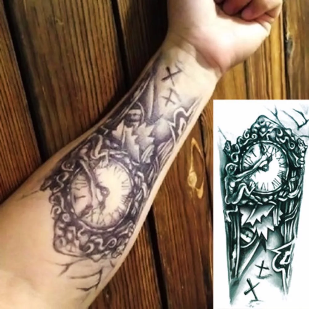 Длинные татуировки Временные Тату рукава боди арт старинные старые часы