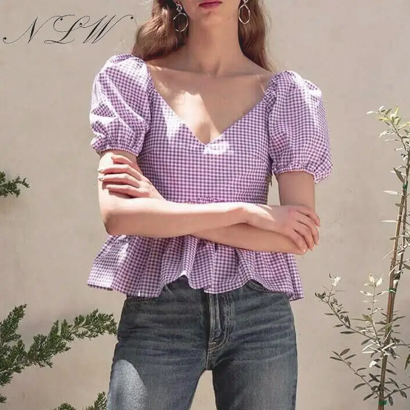 NLW Peplum Check женская блузка Рубашки Летняя уличная блуза с v образным вырезом