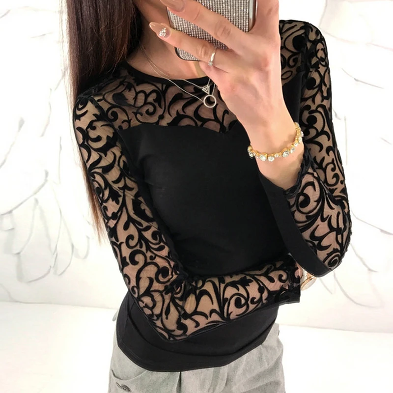 Black Women Long Sleeve T-shirt Lace Stitching Transparent T Shirt Casual Sexy Slim Tshirt Tops Women O Neck Tee Shirt
Black Women Long Sleeve T-shirt Lace Stitching Transparent T Shirt Casual Sexy Slim Tshirt Tops Women O Neck Tee Shirt
